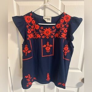 Savanna Jane Navy Top with Red Floral Embroidery